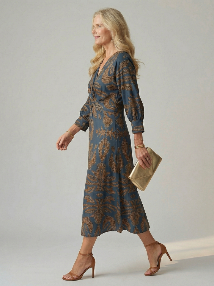 Romilly | Long Sleeve Wrap Midi Dress in Dark Green, Blue, Brown and Red