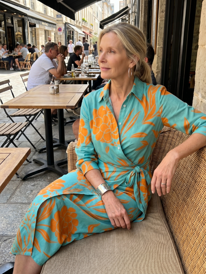 Imogen | Long Sleeve Collared Wrap Midi Dress in Stripe