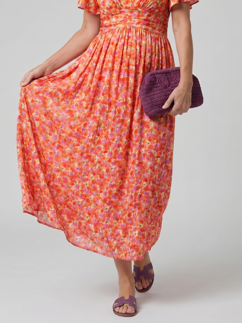 Cecily | Short Sleeve Ditsy Floral Midi Dress with Gathered Waist