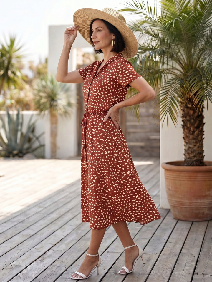 Blythe | Printed Button-Front Belted Midi Dress in Green, Red & White