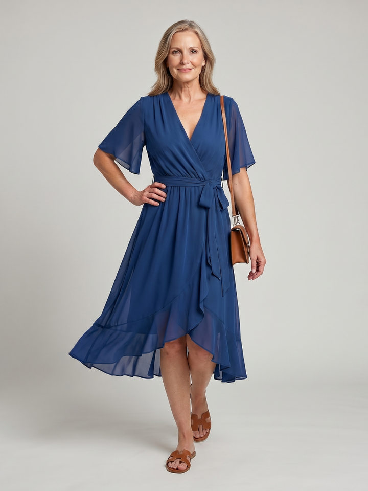 Seren | Short Sleeve Wrap Midi Dress with Fluid Hem in Green, Black, and Blue