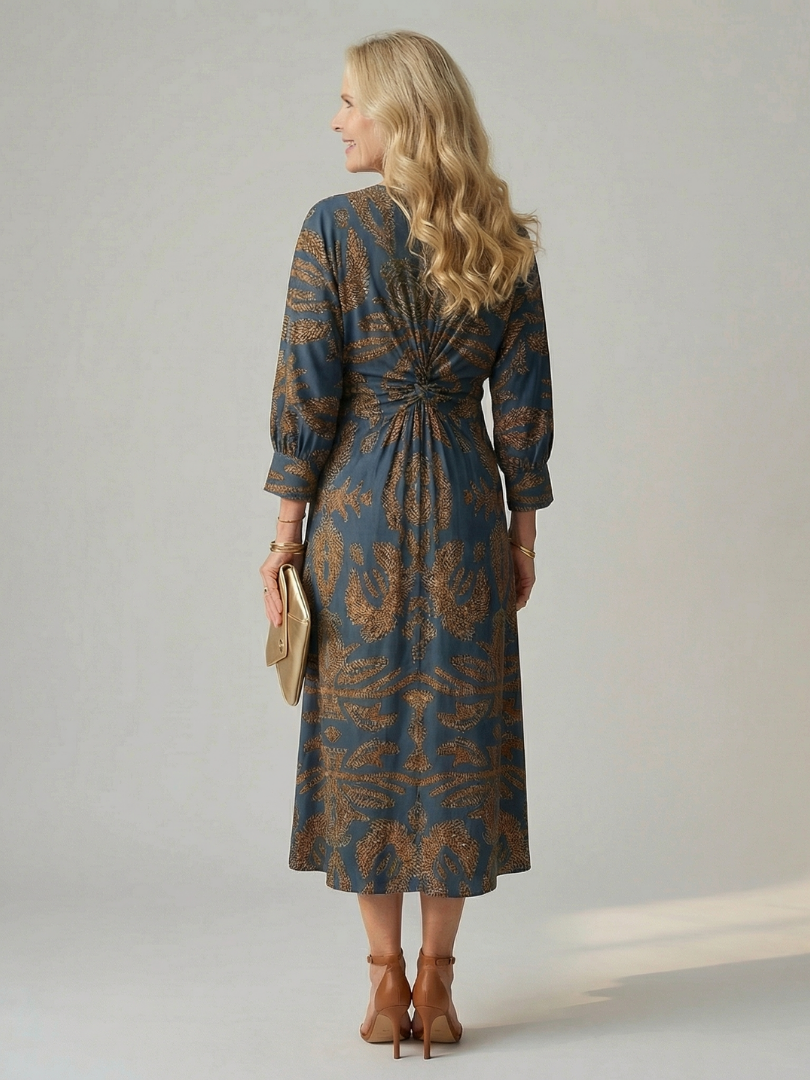 Romilly | Long Sleeve Wrap Midi Dress in Dark Green, Blue, Brown and Red