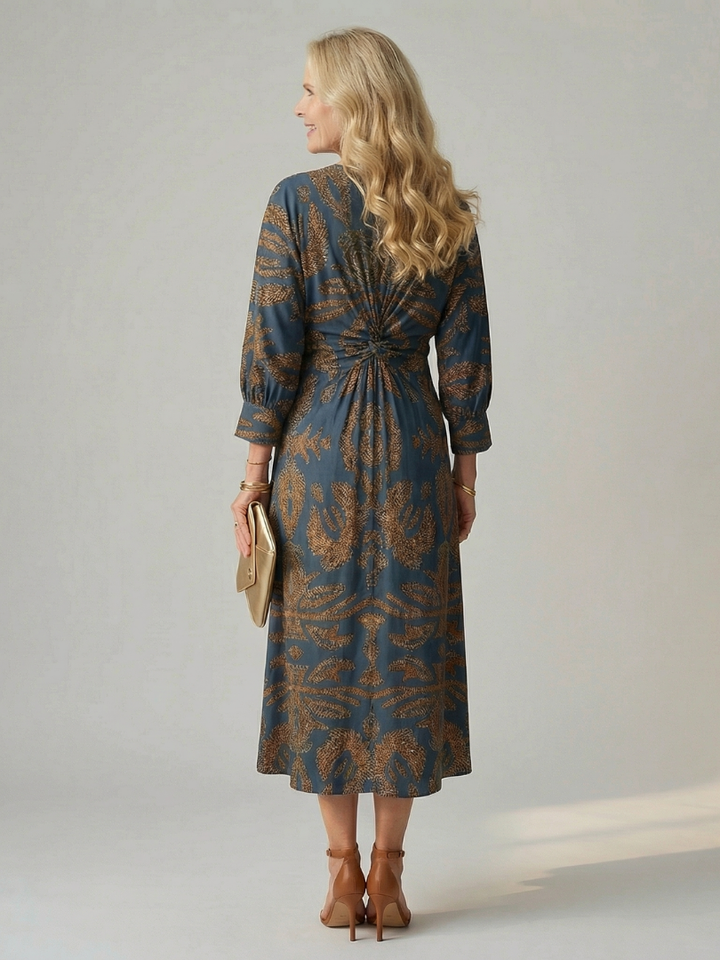 Romilly | Long Sleeve Wrap Midi Dress in Dark Green, Blue, Brown and Red