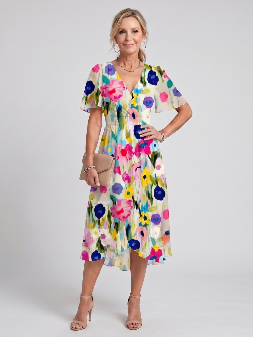 Mirabel | Flutter Sleeve Gathered Waist Floral Print Midi Dress in Dark Green