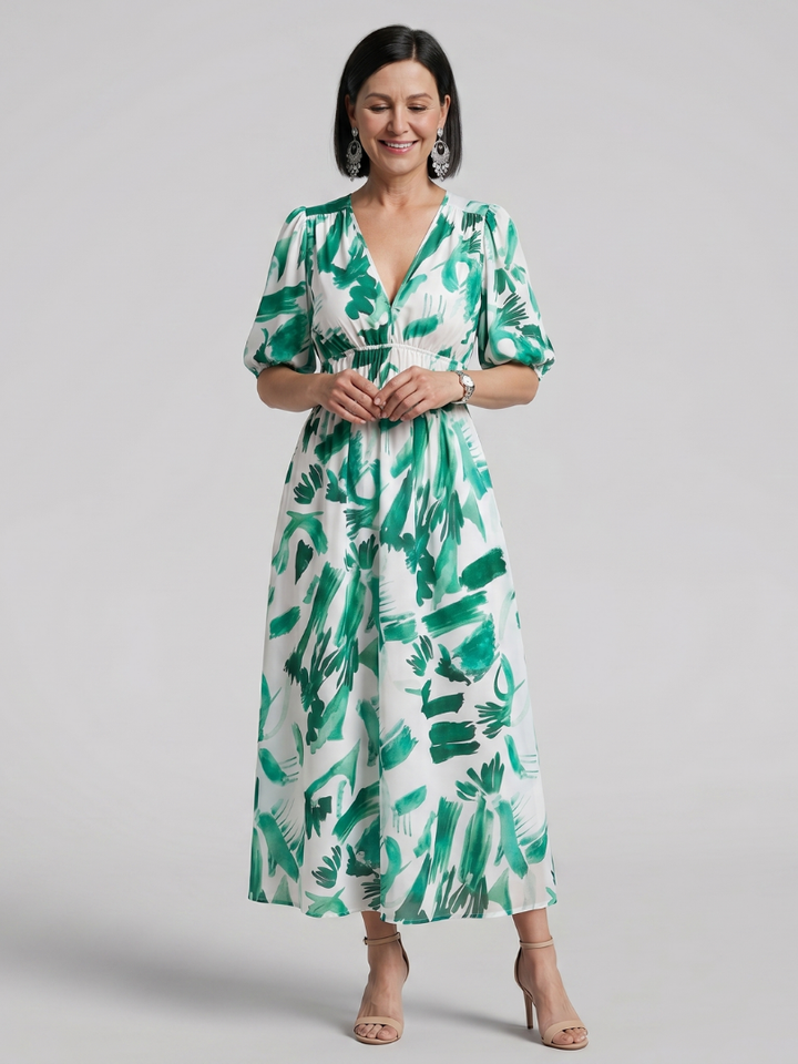 Fenella | Puff Sleeve V-Neck Abstract Print Midi Dress