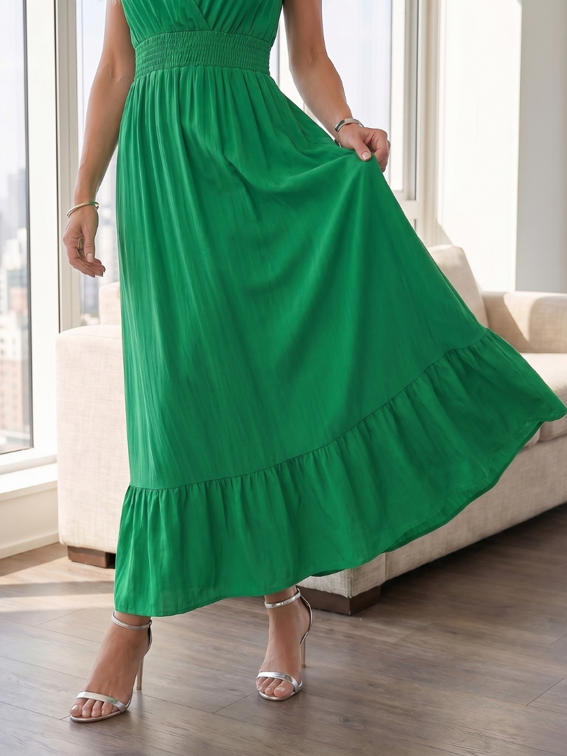 Clover | Ruffle Sleeve Smocked Waist Midi Dress in Blue, Green, Black and Sage