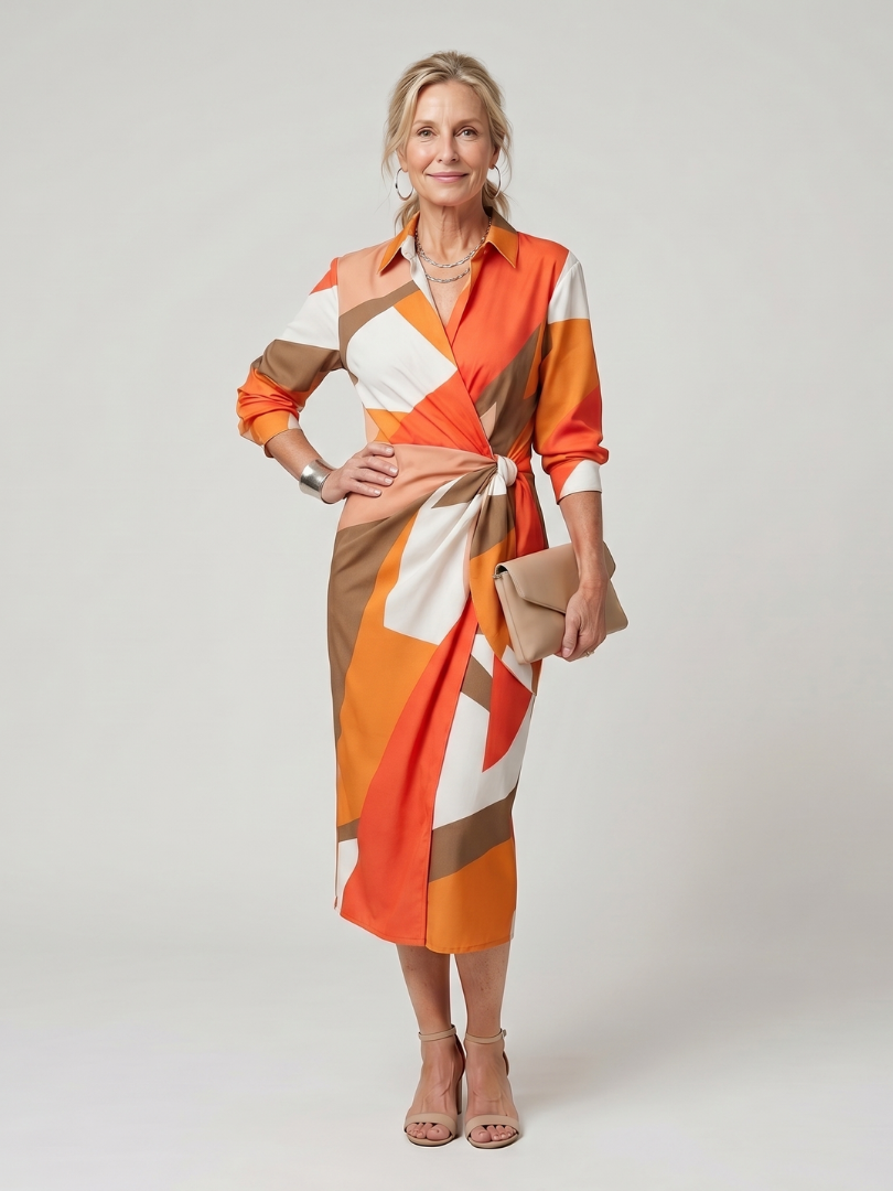 Imogen | Long Sleeve Collared Wrap Midi Dress in Stripe