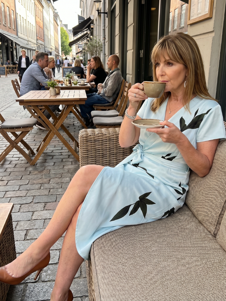 Clarissa | Flutter Sleeve Wrap Botanical Print Midi Dress in White & Sky Blue