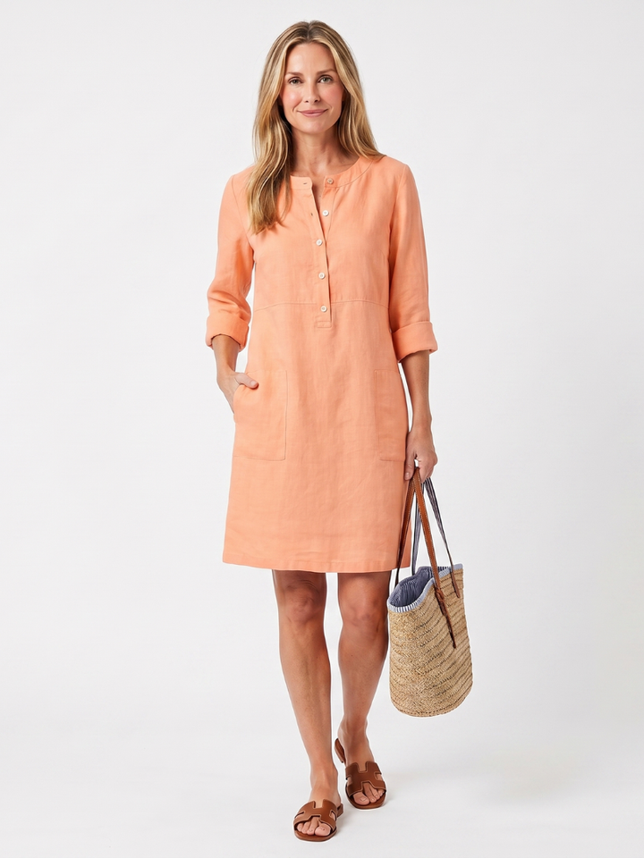 Harriet | Button-Front Knee-Length Dress with Three-Quarter Sleeves in Beige, Black, Orange & Grey