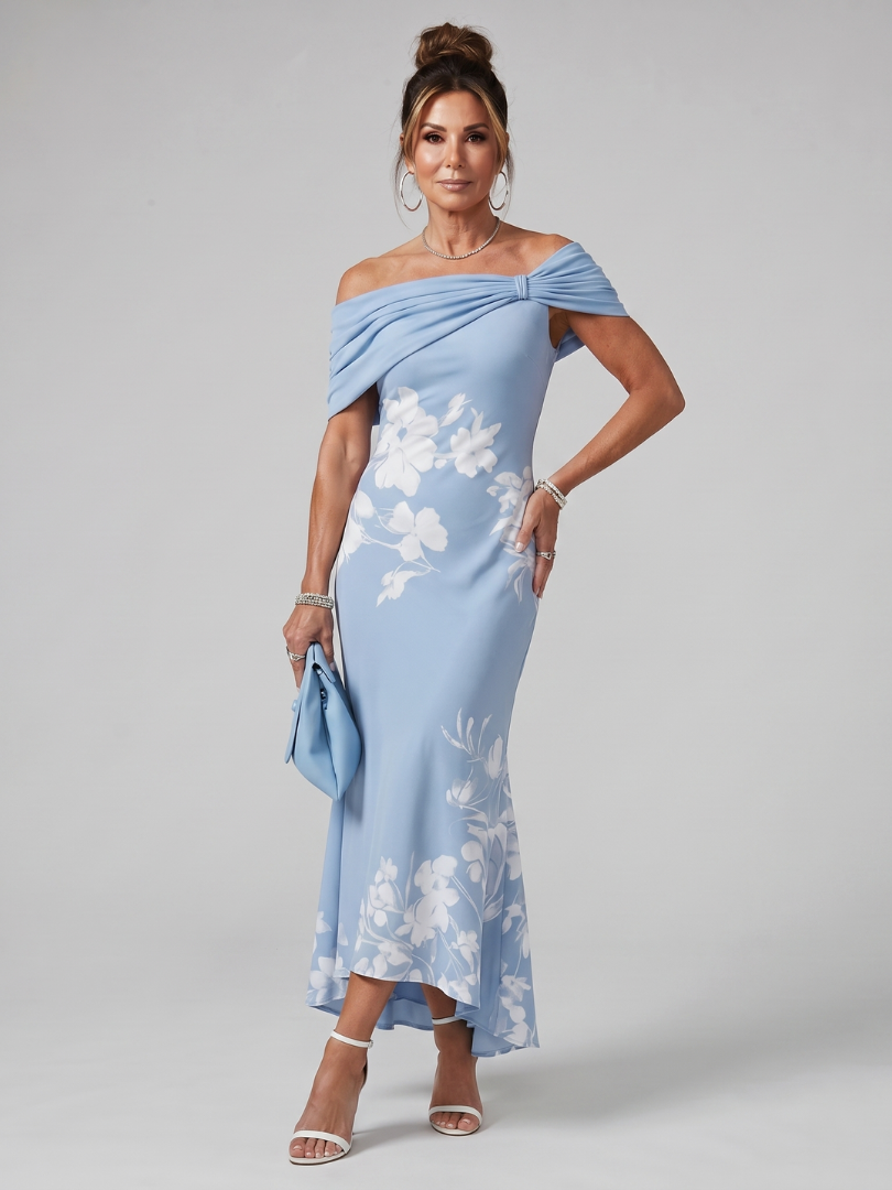 Cosima | Off-Shoulder Draped Neckline Midi Dress in Green, Black & Sky Blue