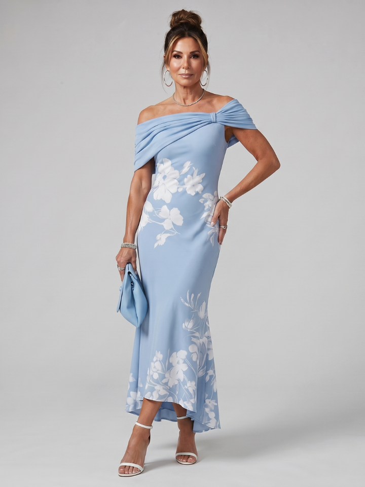 Cosima | Off-Shoulder Draped Neckline Midi Dress in Green, Black & Sky Blue