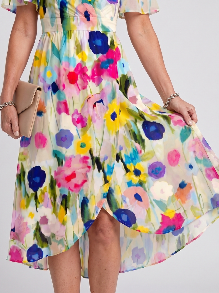 Mirabel | Flutter Sleeve Gathered Waist Floral Print Midi Dress in Dark Green