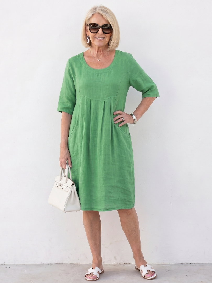 Elodie | Gathered Front Half Sleeve Knee Length Dress in Pink, Blue, Green & Sky Blue