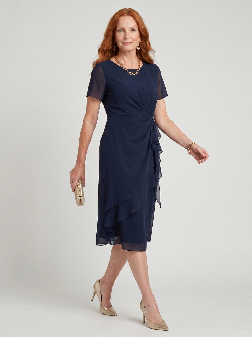 Elowen | Short Sleeve Layered Hem Midi Dress with Twist Waist Detail