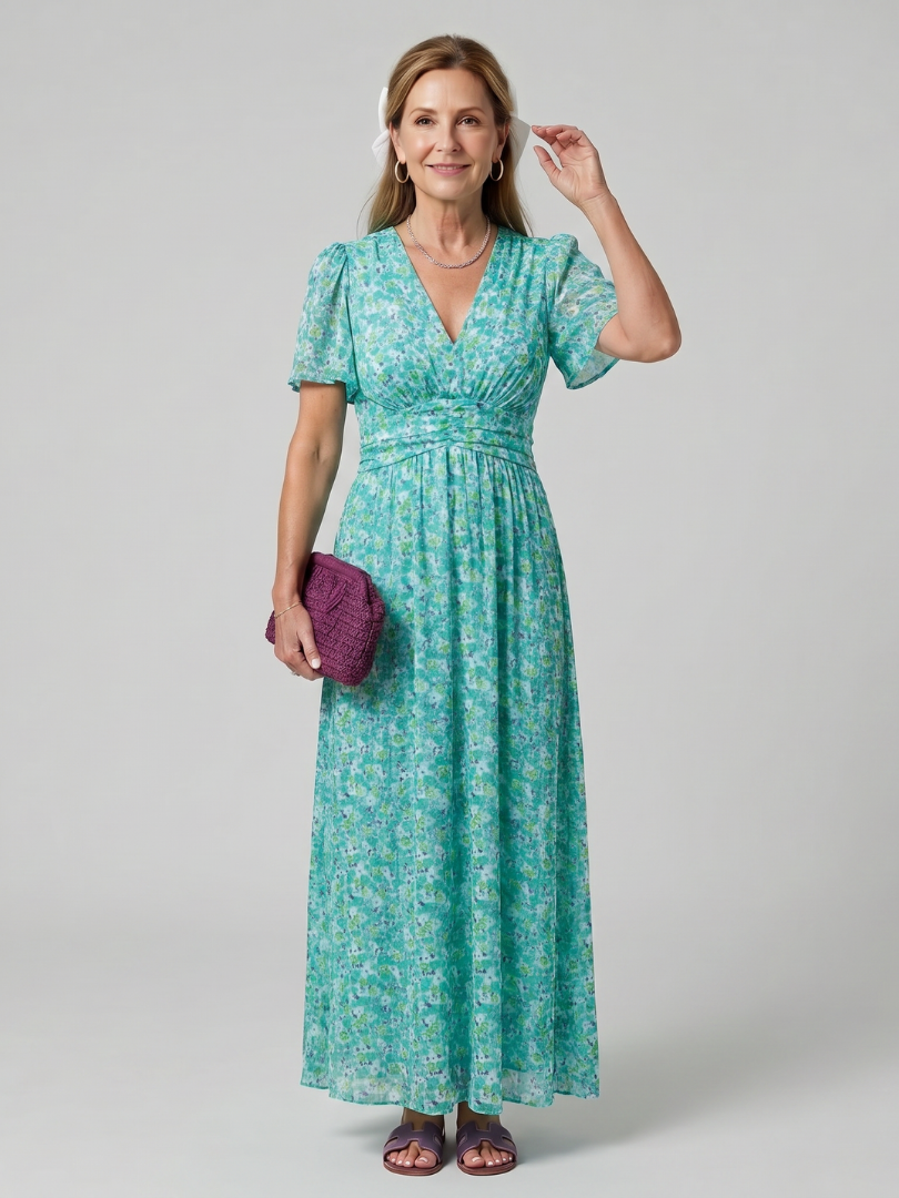 Cecily | Short Sleeve Ditsy Floral Midi Dress with Gathered Waist
