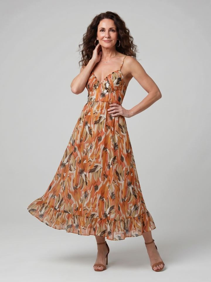 Clemmie | Spaghetti Strap Abstract Print Midi Dress in Multicolour