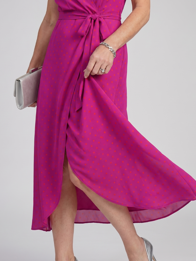 Phoebe | Short Sleeve Floral Wrap Midi Dress in Red, Pink & Floral