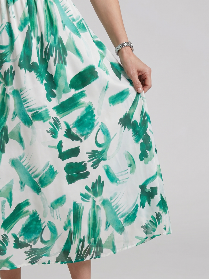 Fenella | Puff Sleeve V-Neck Abstract Print Midi Dress