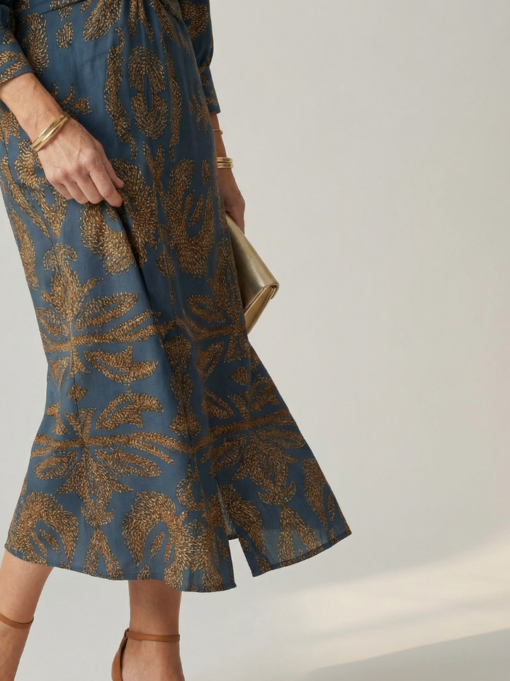Romilly | Long Sleeve Wrap Midi Dress in Dark Green, Blue, Brown and Red