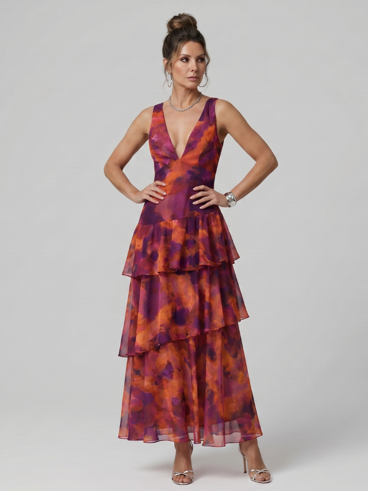 Ottilie | Deep V-Neck Sleeveless Painterly Print Midi Dress in Red, Beige & Burgundy
