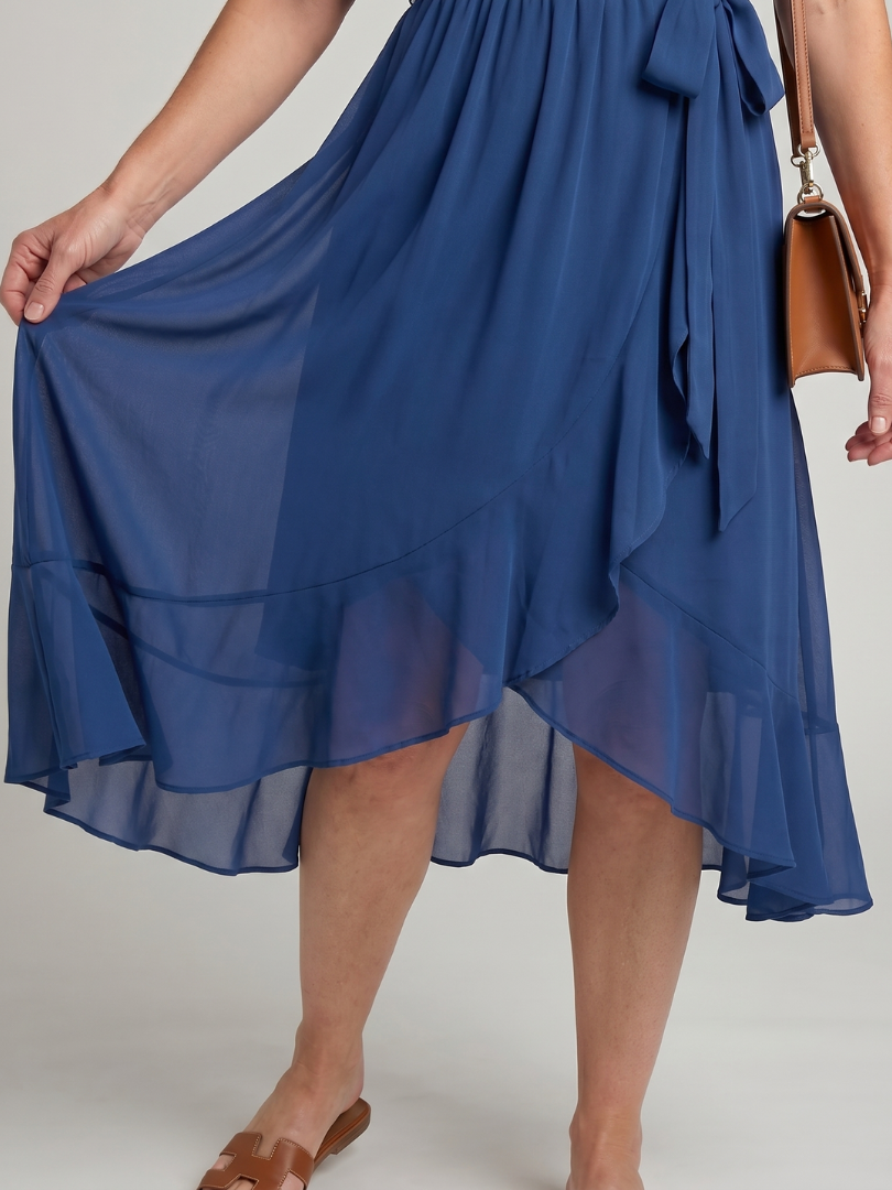 Seren | Short Sleeve Wrap Midi Dress with Fluid Hem in Green, Black, and Blue