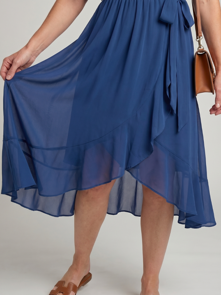 Seren | Short Sleeve Wrap Midi Dress with Fluid Hem in Green, Black, and Blue