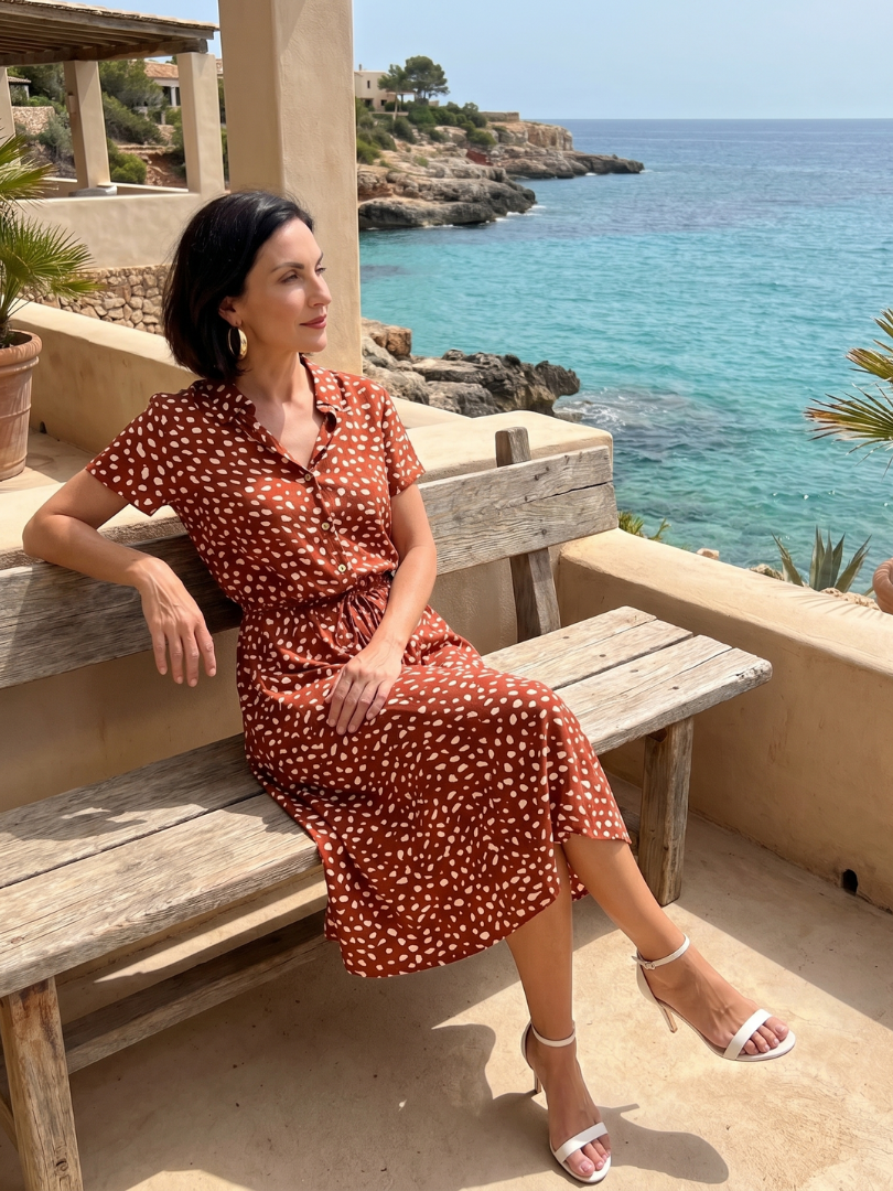 Blythe | Printed Button-Front Belted Midi Dress in Green, Red & White