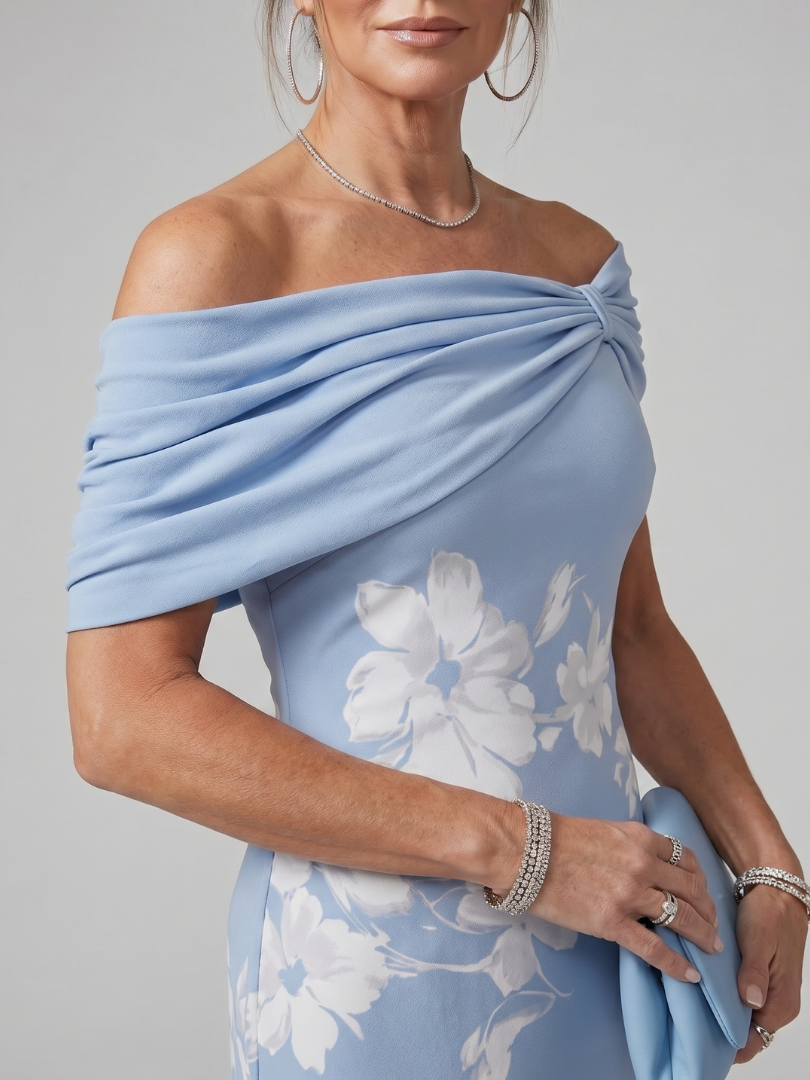 Cosima | Off-Shoulder Draped Neckline Midi Dress in Green, Black & Sky Blue