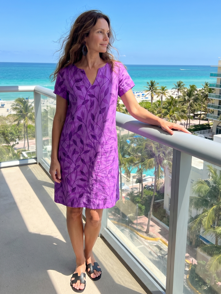 Hazel | Leaf Print V-Neck Knee-Length Dress in Green, Purple & Pink