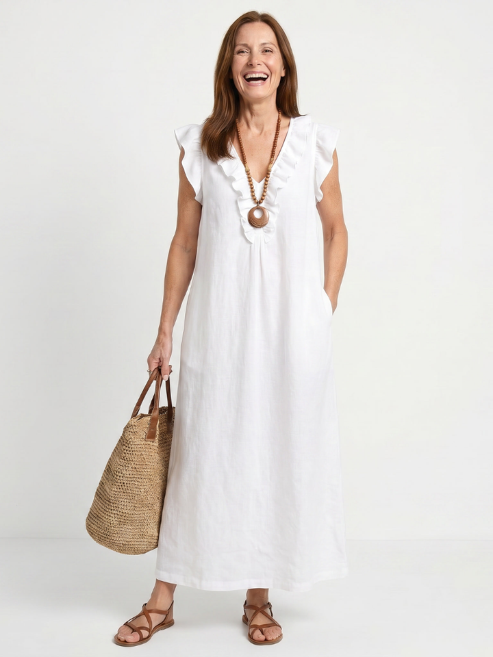 Anneliese | Ruffle Trim V-Neck Sleeveless Relaxed Midi Dress