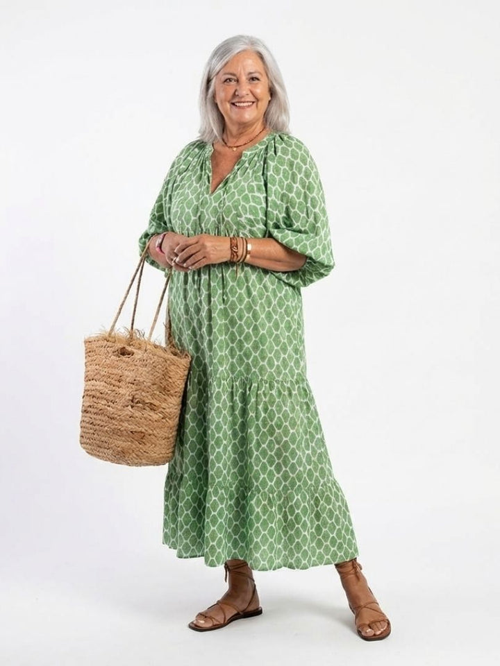 Henrietta | Three Quarter Sleeve V Neck Patterned Tiered Midi Dress