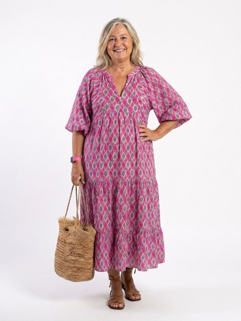 Henrietta | Three Quarter Sleeve V Neck Patterned Tiered Midi Dress