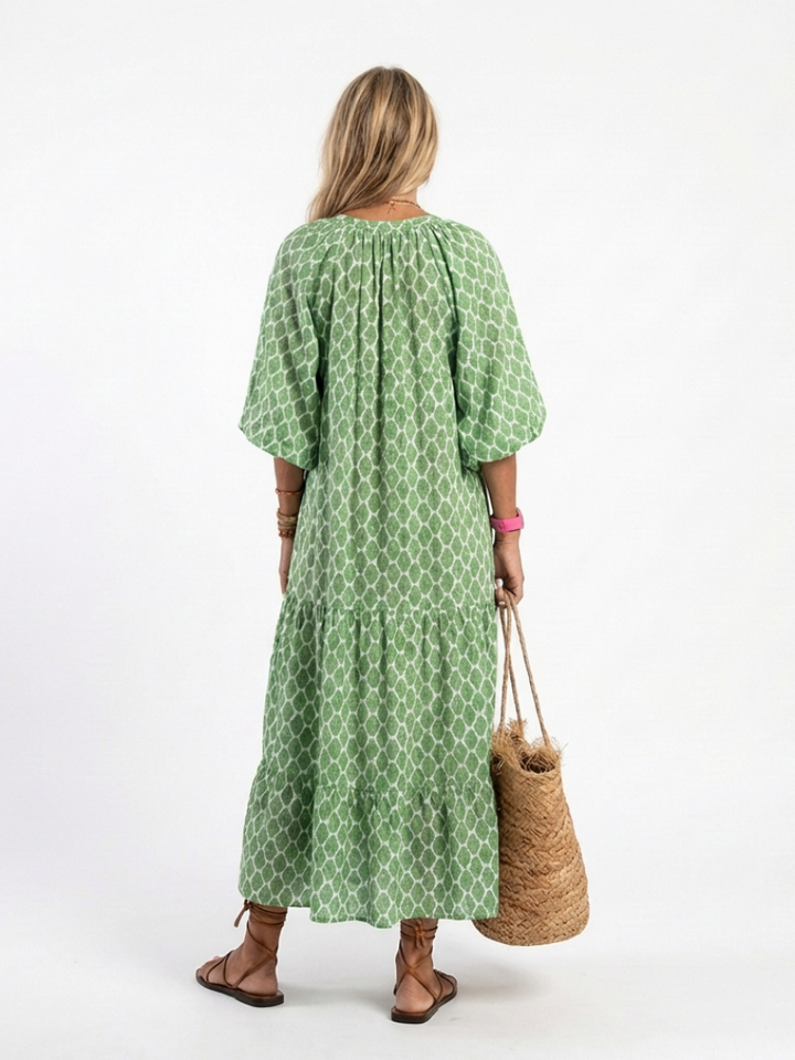 Henrietta | Three Quarter Sleeve V Neck Patterned Tiered Midi Dress