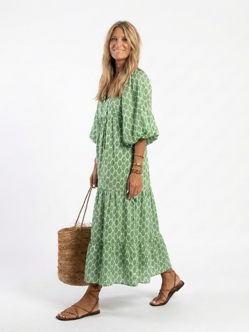 Henrietta | Three Quarter Sleeve V Neck Patterned Tiered Midi Dress