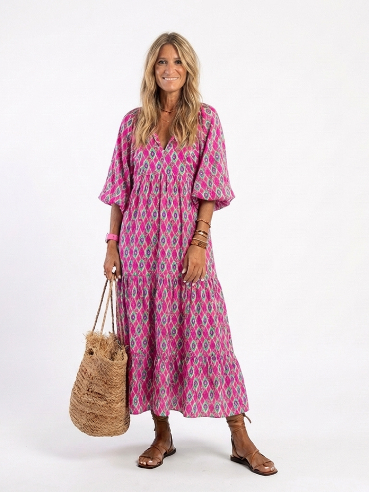 Henrietta | Three Quarter Sleeve V Neck Patterned Tiered Midi Dress
