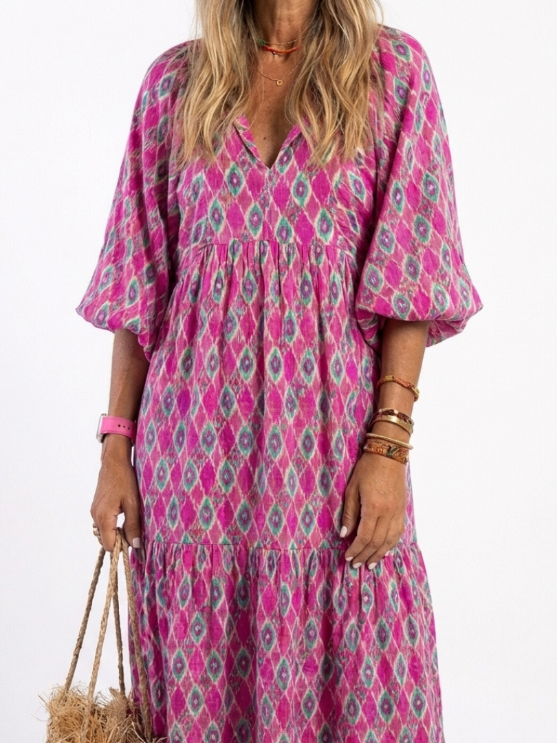 Henrietta | Three Quarter Sleeve V Neck Patterned Tiered Midi Dress