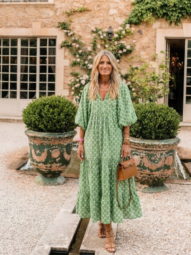 Henrietta | Three Quarter Sleeve V Neck Patterned Tiered Midi Dress