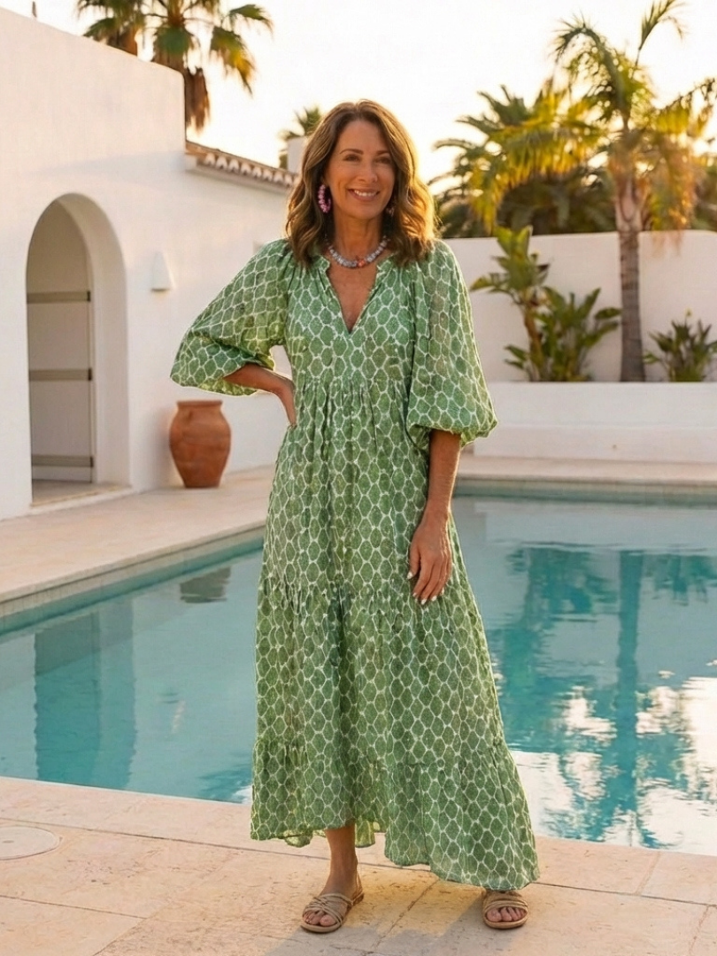 Henrietta | Three Quarter Sleeve V Neck Patterned Tiered Midi Dress