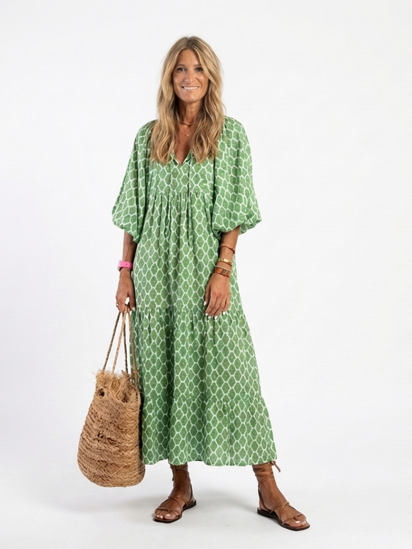 Henrietta | Three Quarter Sleeve V Neck Patterned Tiered Midi Dress