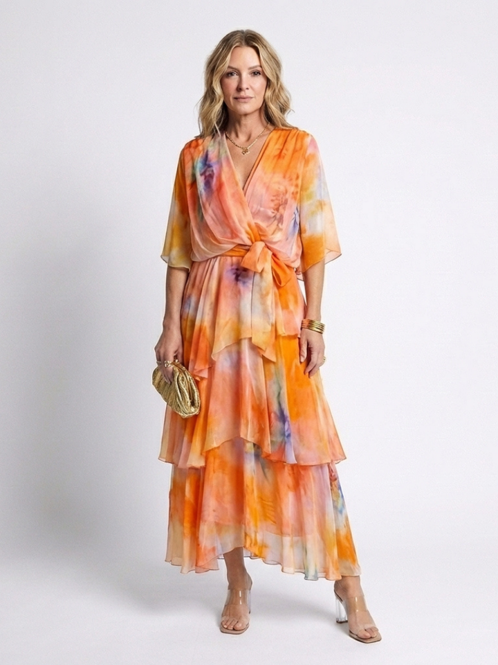 Piper | Sheer Layered V-Neck Tie Waist Short Flutter Sleeve Maxi Dress