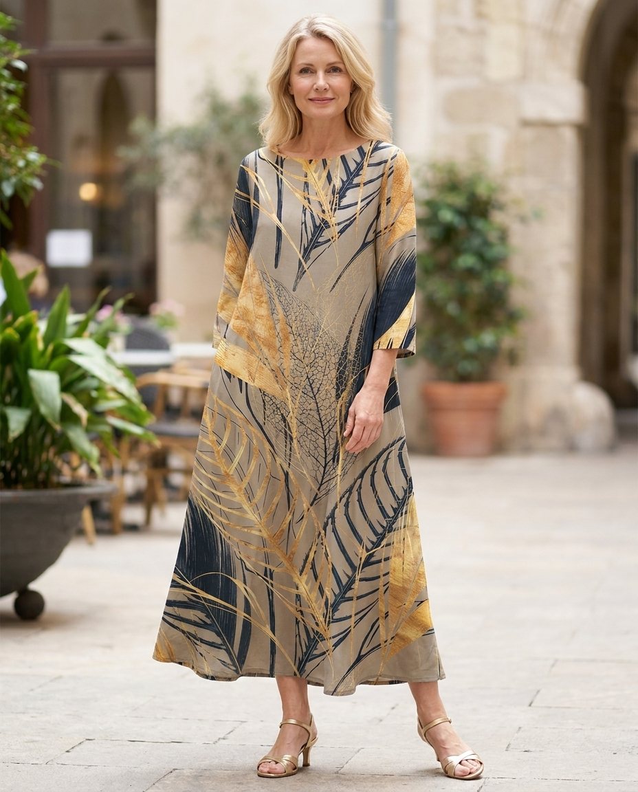 Rowena | Botanical Print Round Neck Midi Dress in Grey & White