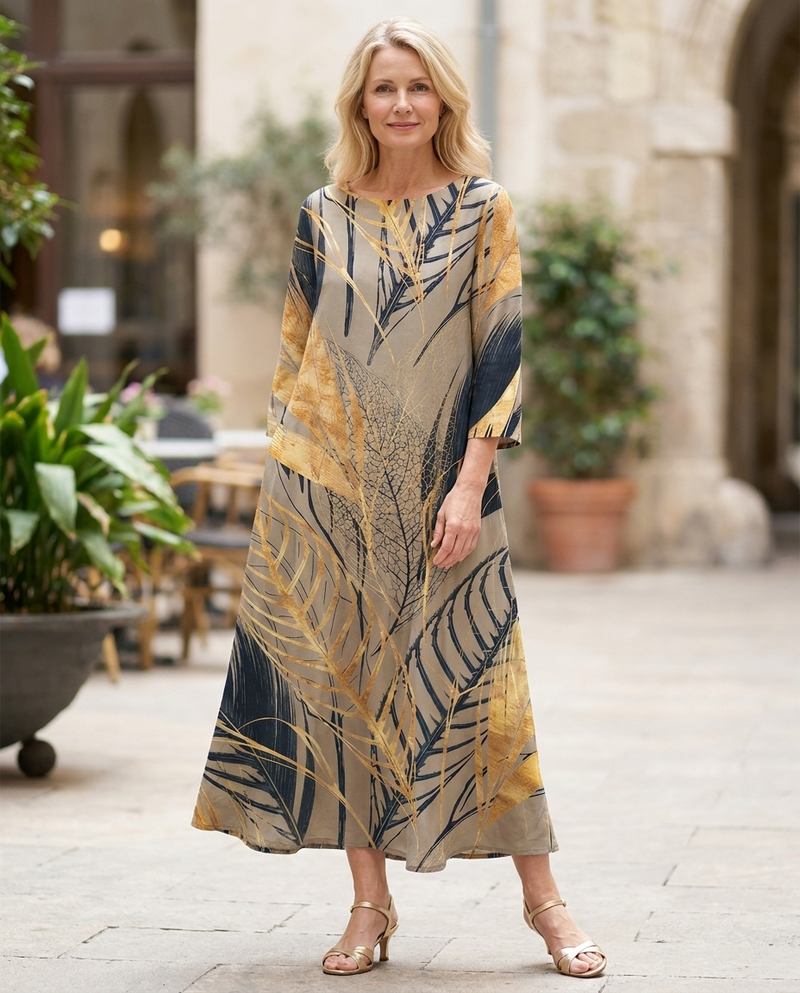 Rowena | Botanical Print Round Neck Midi Dress in Grey & White
