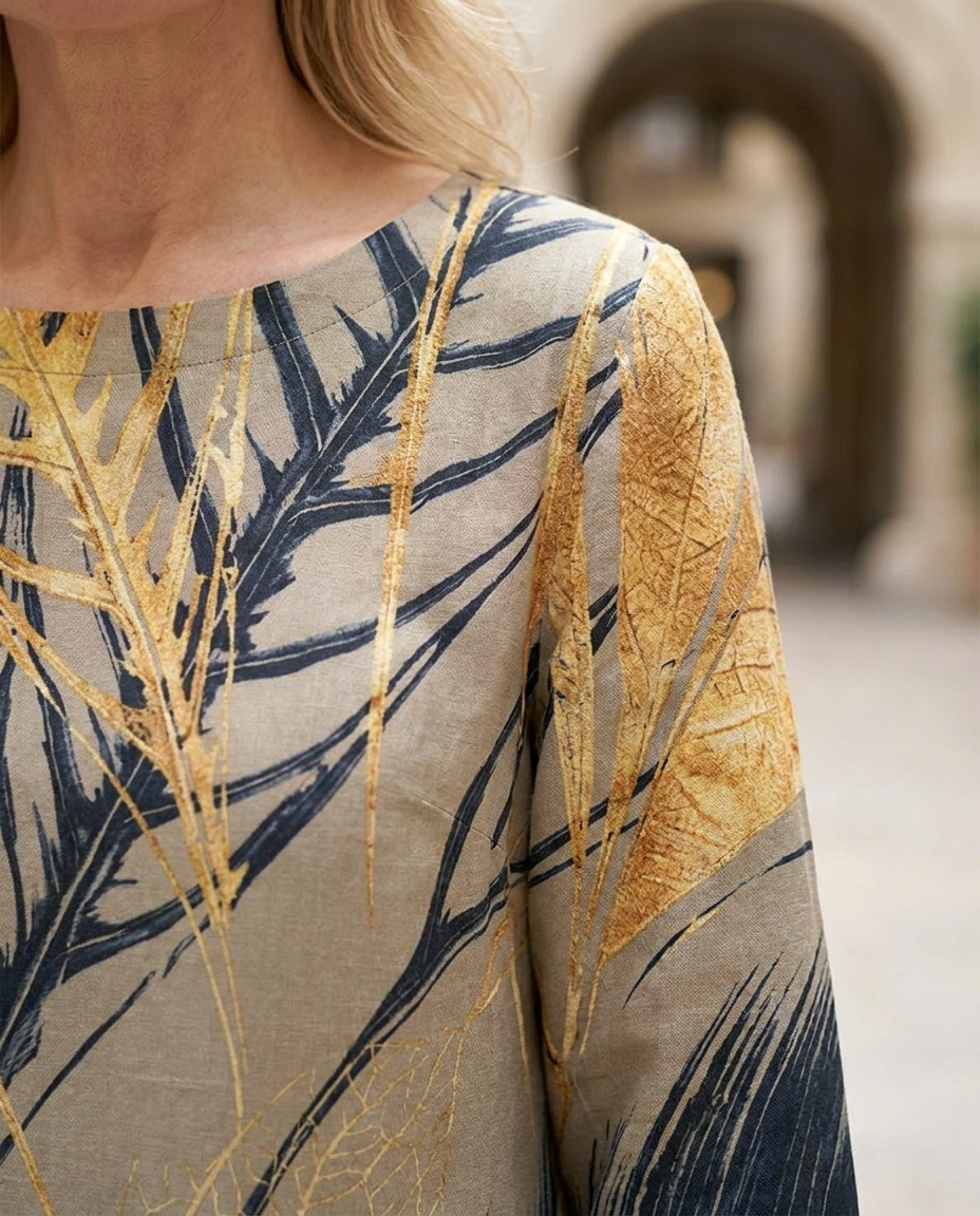 Rowena | Botanical Print Round Neck Midi Dress in Grey & White