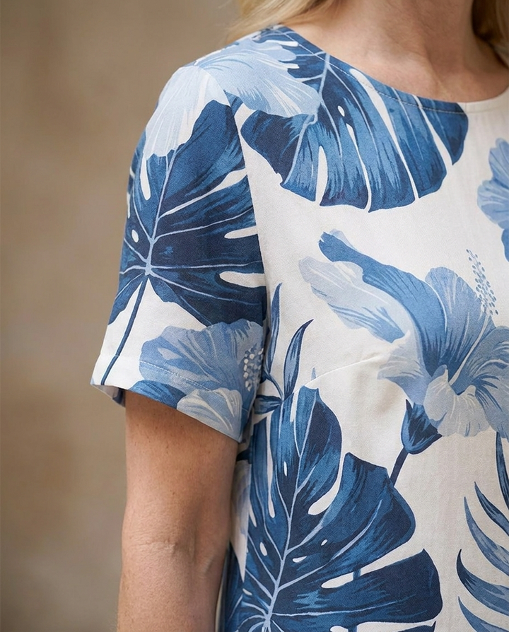 Rowena | Botanical Print Round Neck Midi Dress in Grey & White