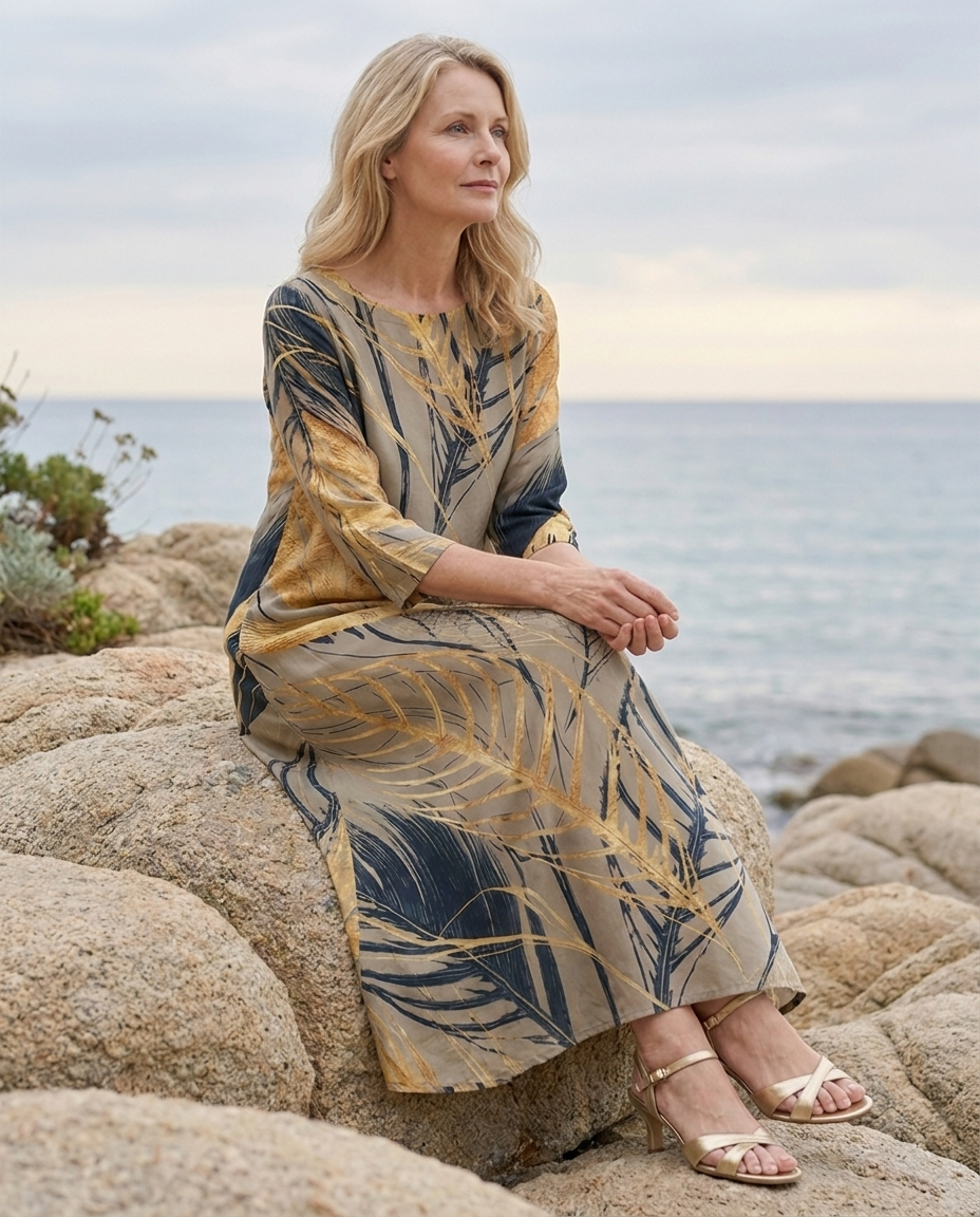 Rowena | Botanical Print Round Neck Midi Dress in Grey & White